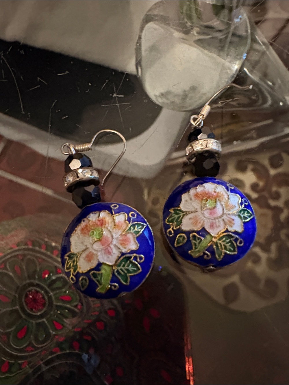 Handcrafted Blue Floral Cloisonné Drop Earrings New, 1.5 inches